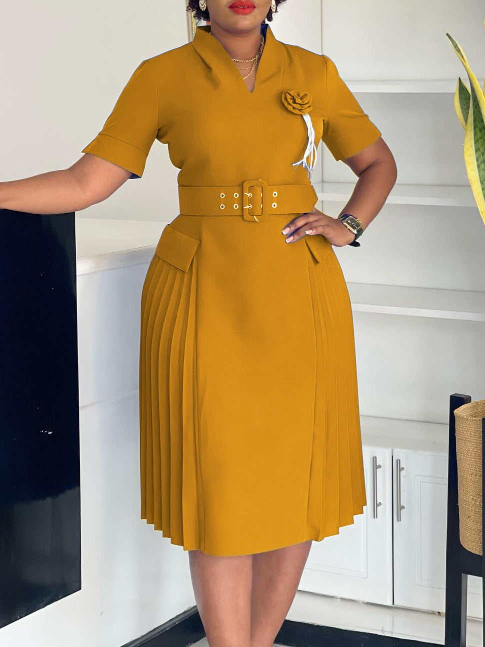 Women's Fashion Chic V-Neck Solid Color Plus Size Pleated High-Waist African Dress 7