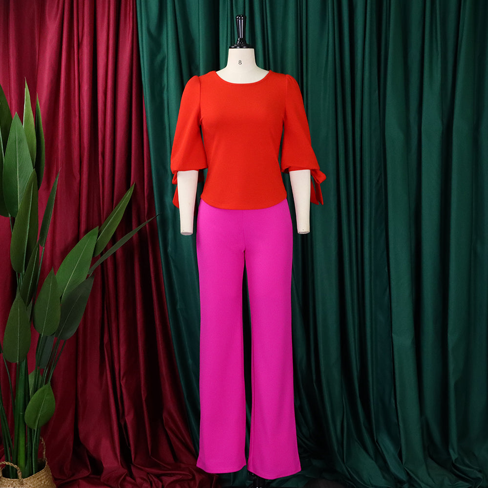 Women's Casual Set Loose Plus Size Lace-Up Top High Waist Wide Leg Pants Two-Piece Set 15