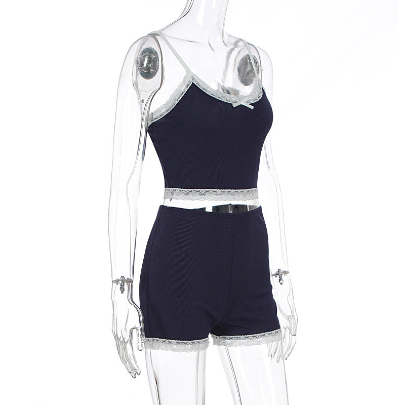 Summer Women's Fashion Sexy Strap Lace Casual Shorts Set 6