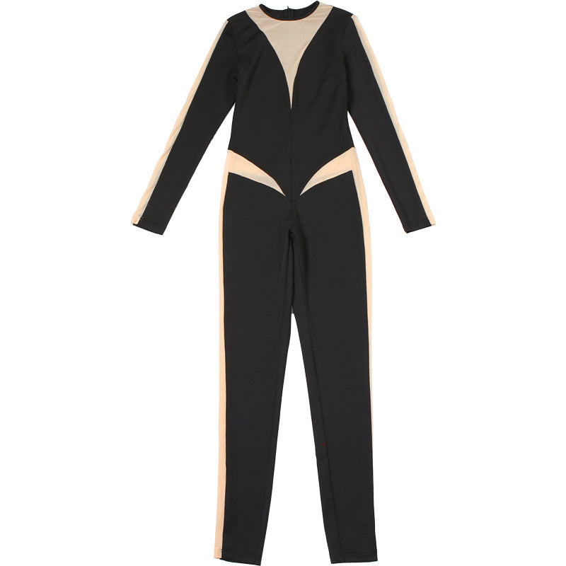 Autumn Women Fashion Sexy See-Through Round Neck Long Sleeve High Waist Slim Jumpsuit 9
