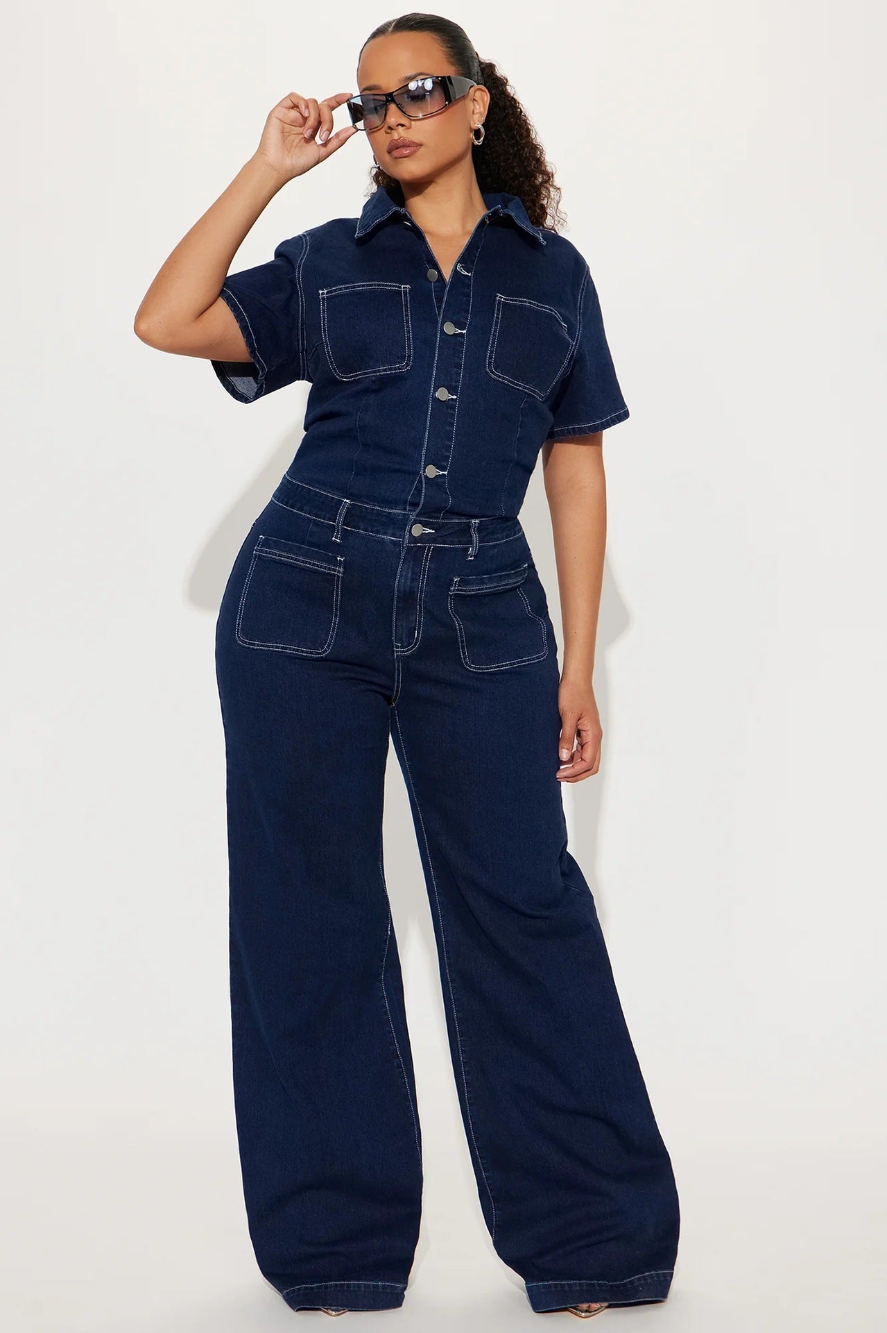 Short Sleeve Washed Denim Wide-Leg Jumpsuit 4