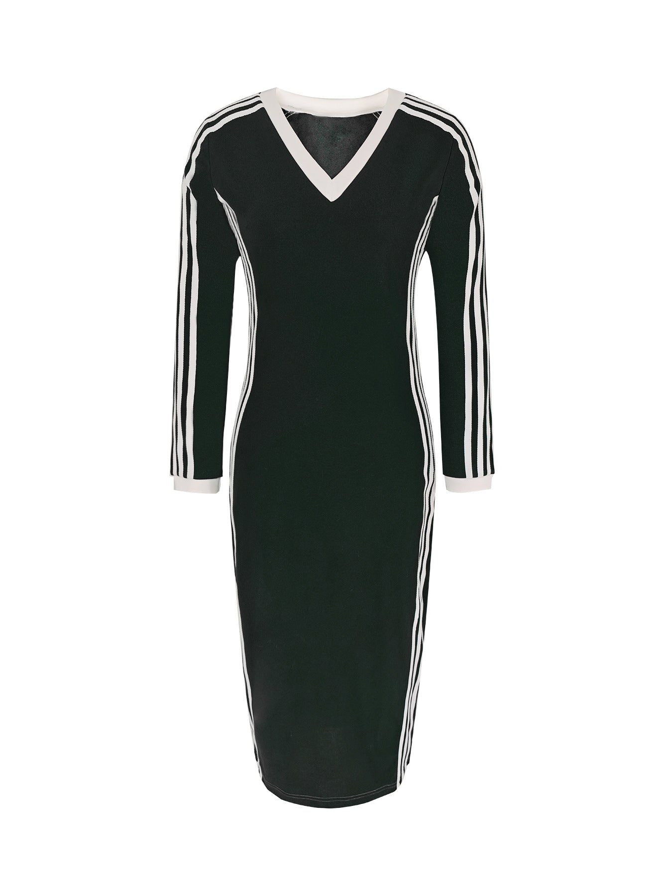 Women Casual Elegant V-Neck Striped Patchwork Long-Sleeved Dress 20