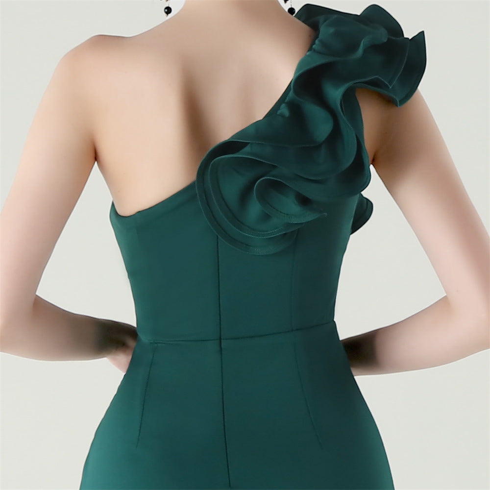 Women One-Shoulder Beaded Wool and Floral Satin Slit Sexy Evening Dress 45