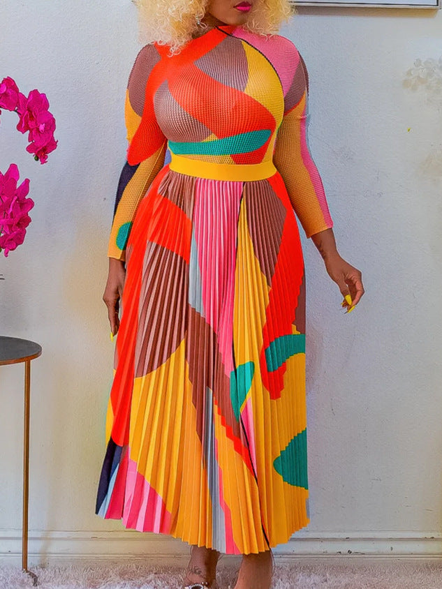 Women Autumn Pleated Print Contrast Color Long-sleeved Top and Skirt Two-Piece Set 9