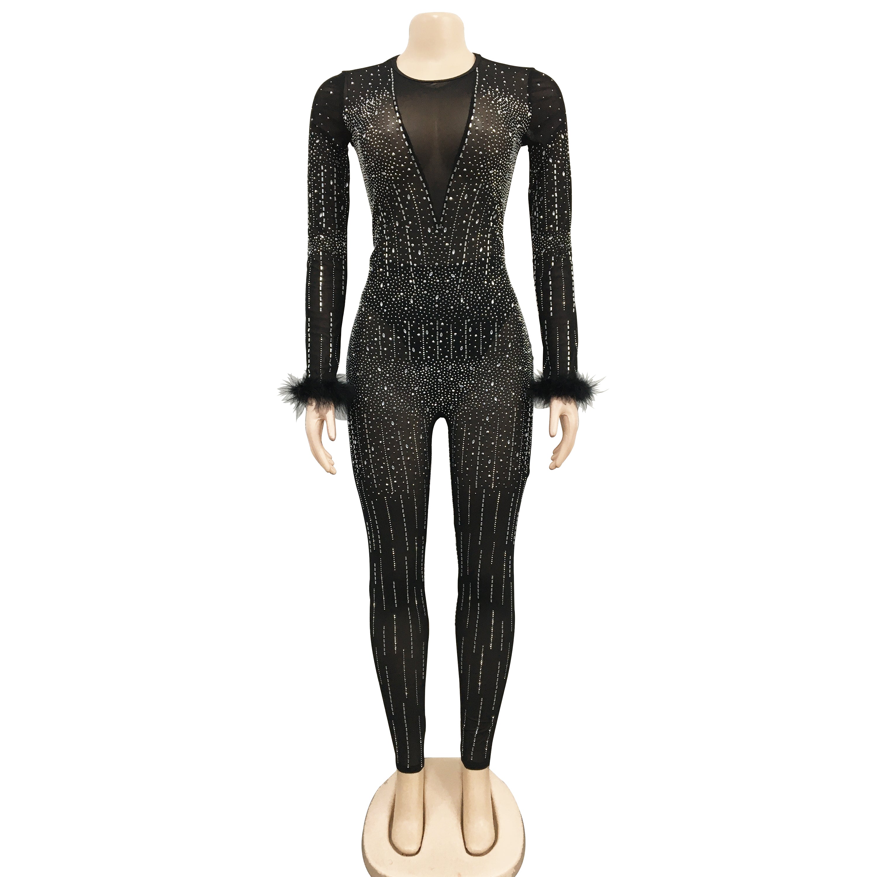 Fashion Women's Mesh Beaded V-Neck Long Sleeve Feather Long Library Jumpsuit 14