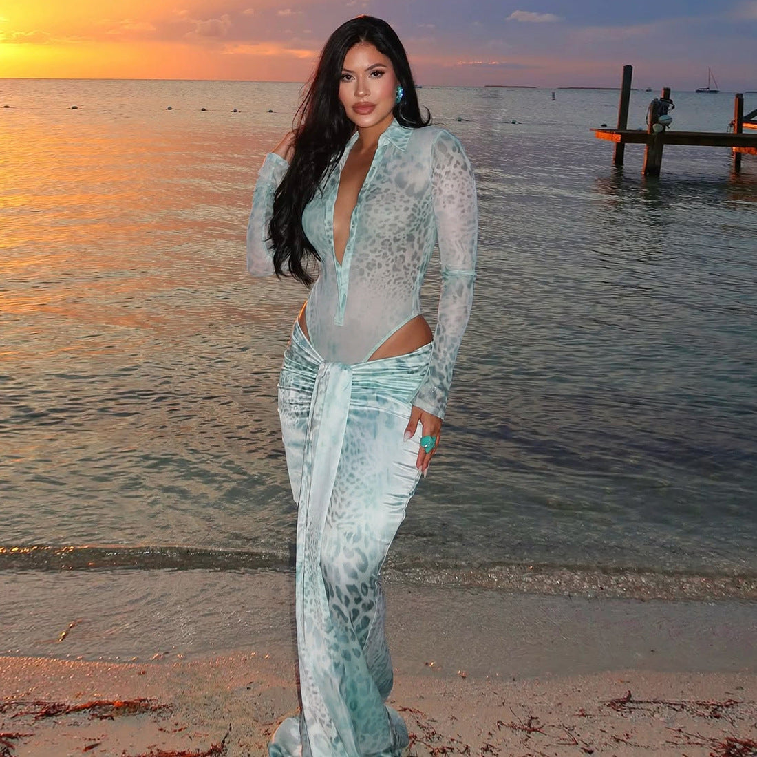 Women V-Neck Leopard Print Sexy Top and Long Skirt Two-Piece Set 3