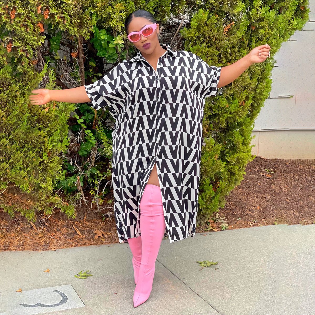 Plus Size Women Summer Printed Loose Shirt Dress