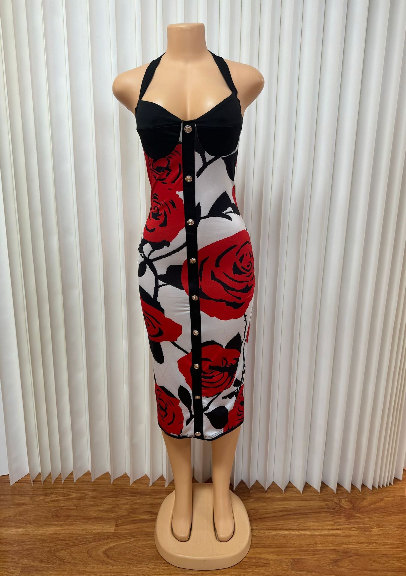 Women Rose Sexy Halter Neck Metal Button Backless Dress 6