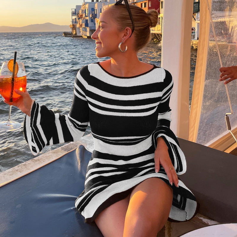 Women Knitting Stripe Bell Bottom Sleeve Tie Backless Sweater Dress 3