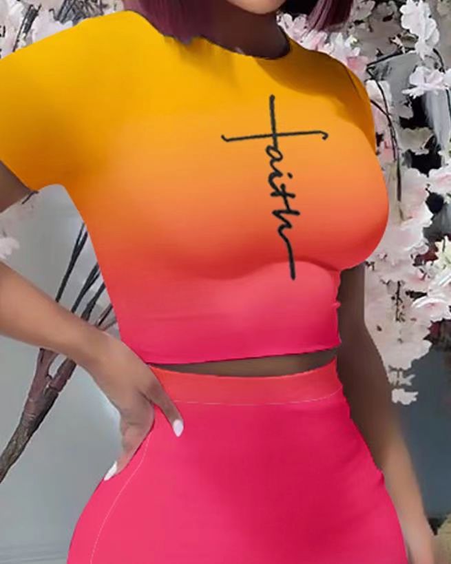 Women's Printed Round Neck Short Sleeve T-Shirt Slim Fit Skirt Sexy Two Piece Set 8