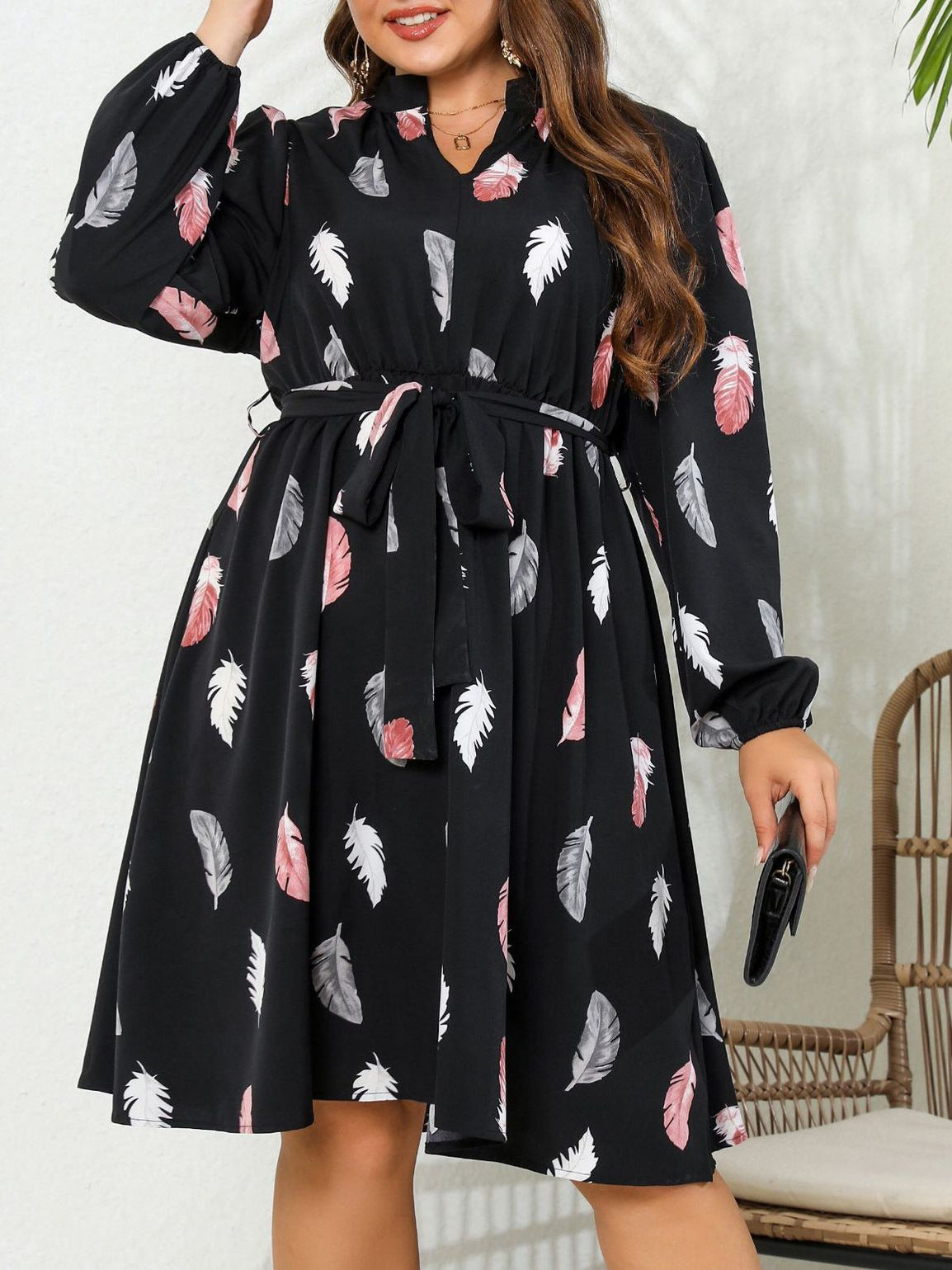 Autumn Long Sleeve Print Women Elegant Plus Size Dress 4
