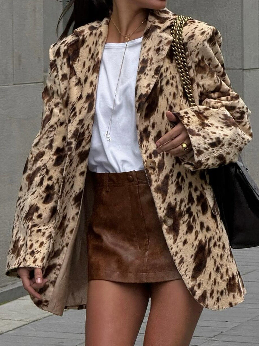 Women Fall Career Brown Printed Long-Sleeved Blazer Coat 4