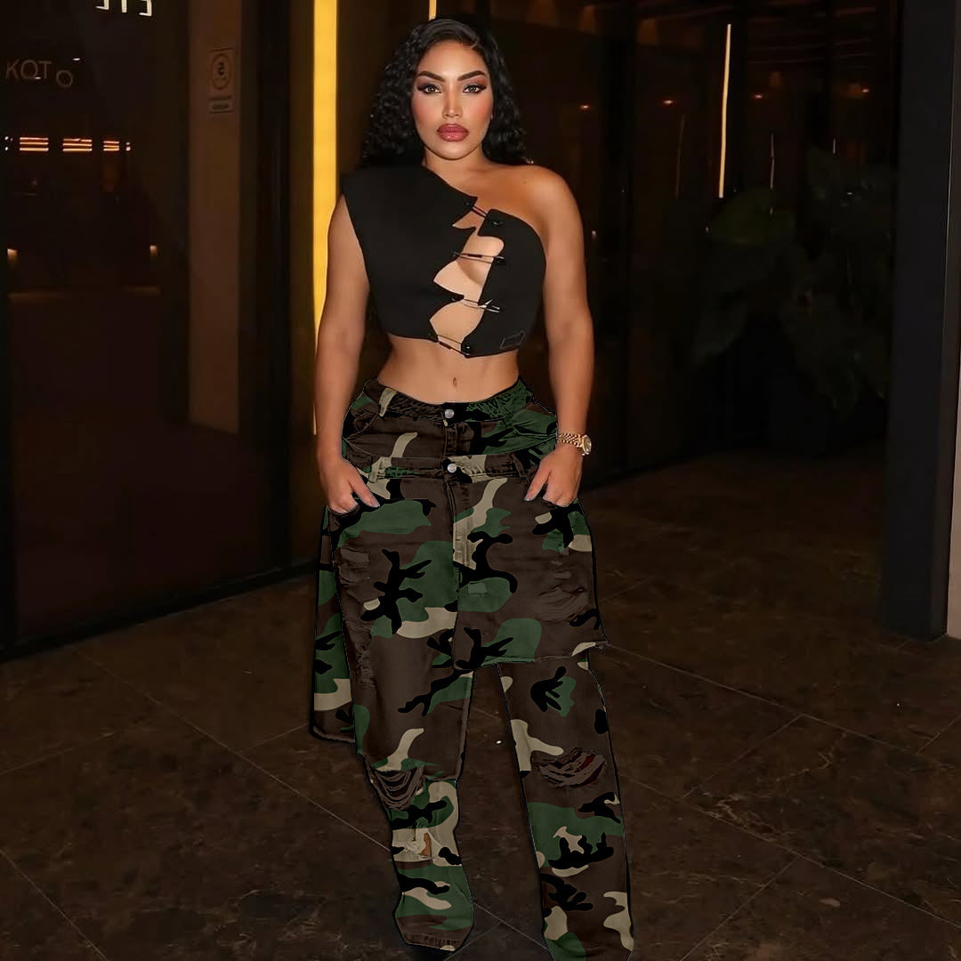 Women's Autumn Winter Fashion Camouflage Distressed Patchwork Rip Denim Pants 4