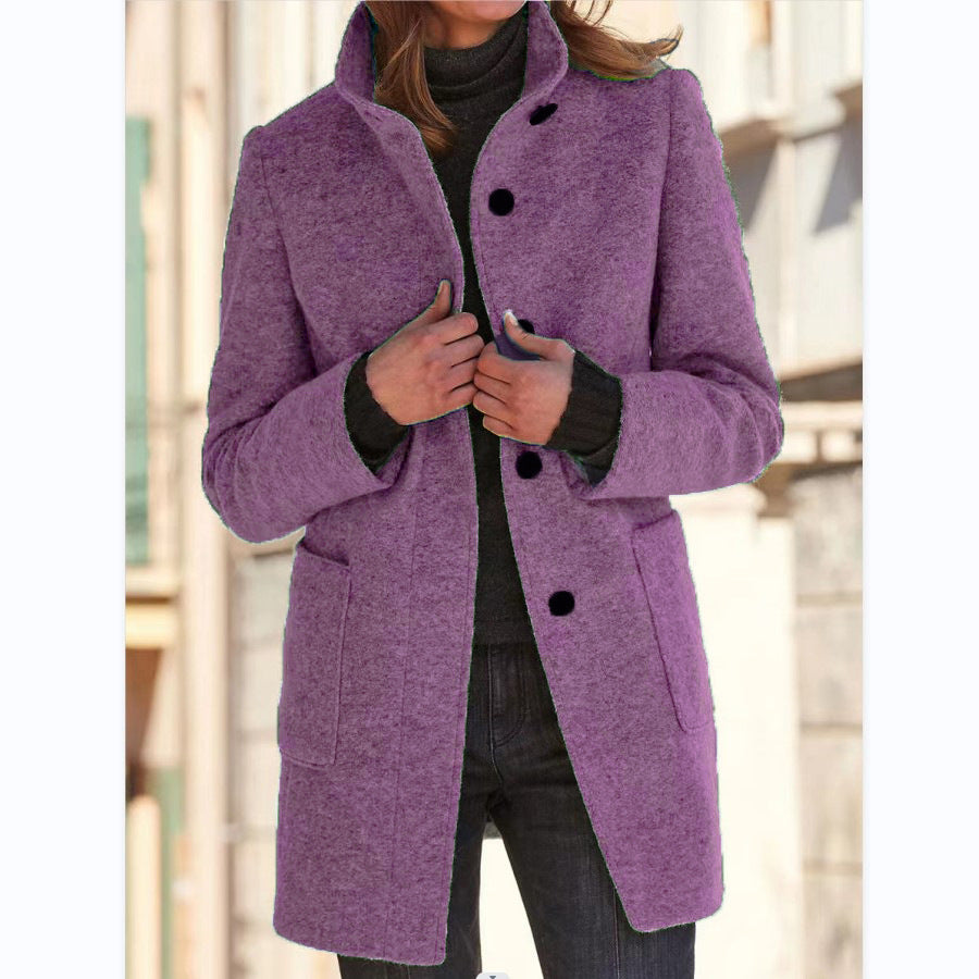 Autumn And Winter Women'S Retro Solid Color Button Stand Collar Coat 8