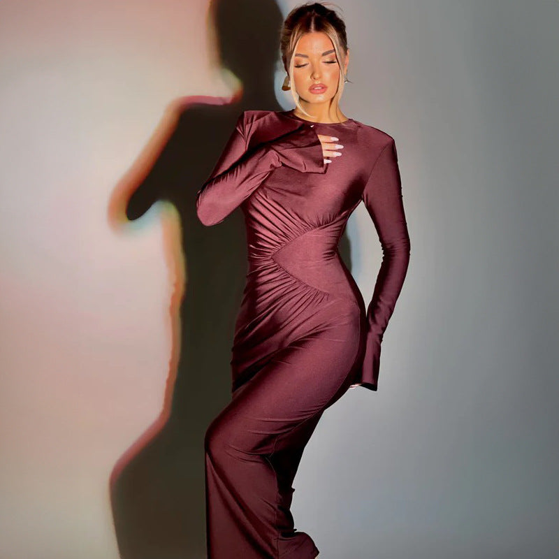 Women summer solid round neck pleated dress