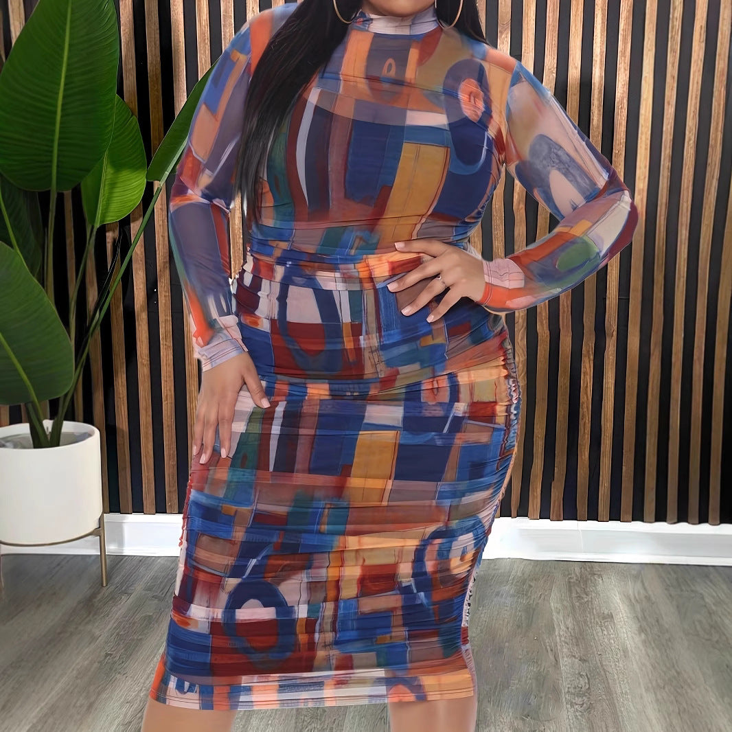 Plus Size Fashion Trend Slim Waist Long Sleeve Party Dress