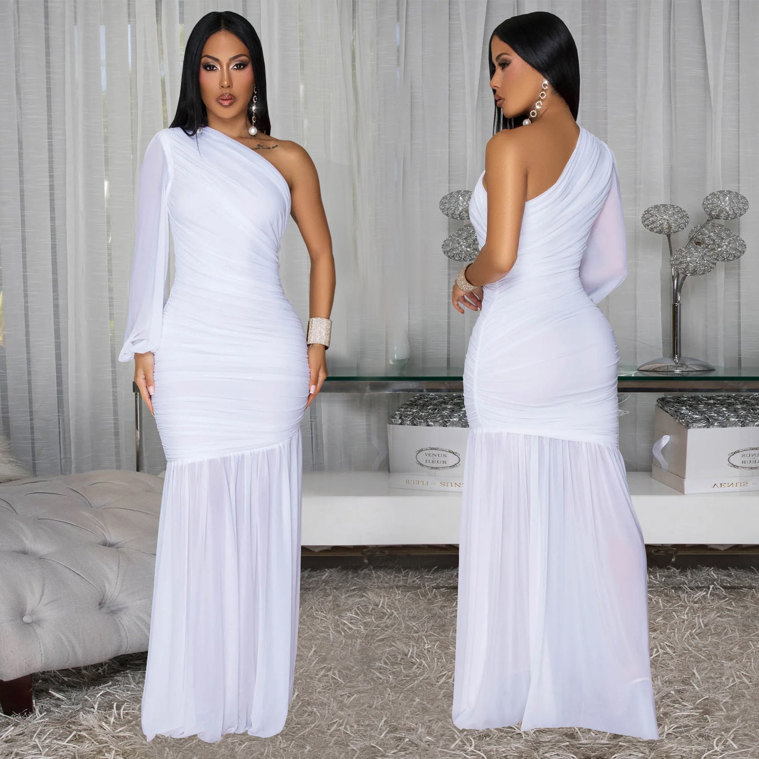 Women Sexy Slash Shoulder Mesh Dress 5