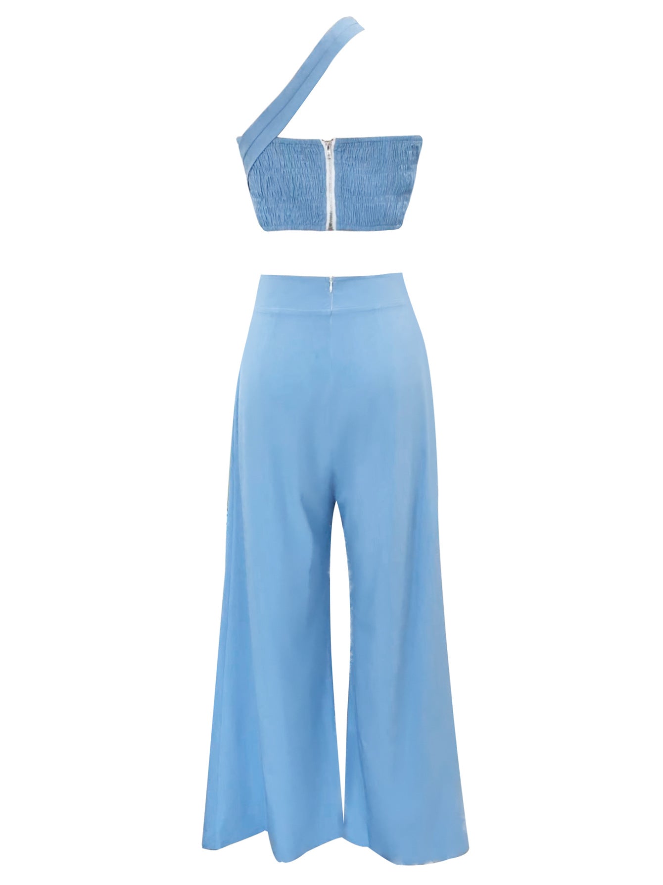 Solid Color Strapless Halter Neck Open Waist Crop Top High Waist Trousers Two Pieces Set 5