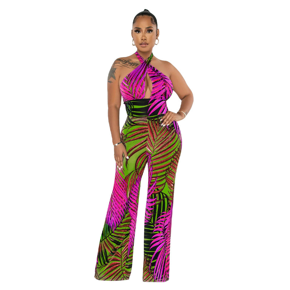 Women Sexy Backless Lace-Up Print Sleeveless Jumpsuit 9