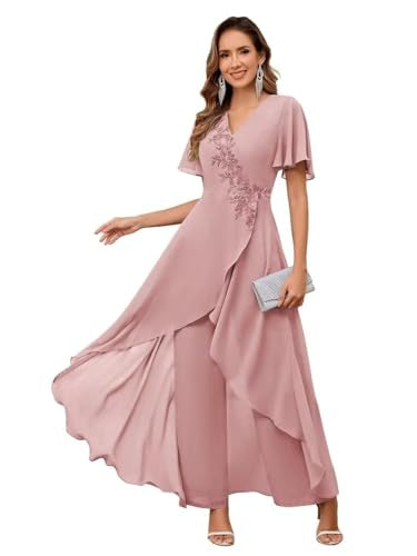 V-Neck Mother's Dress Solid Color Pants Two-Piece Set 4