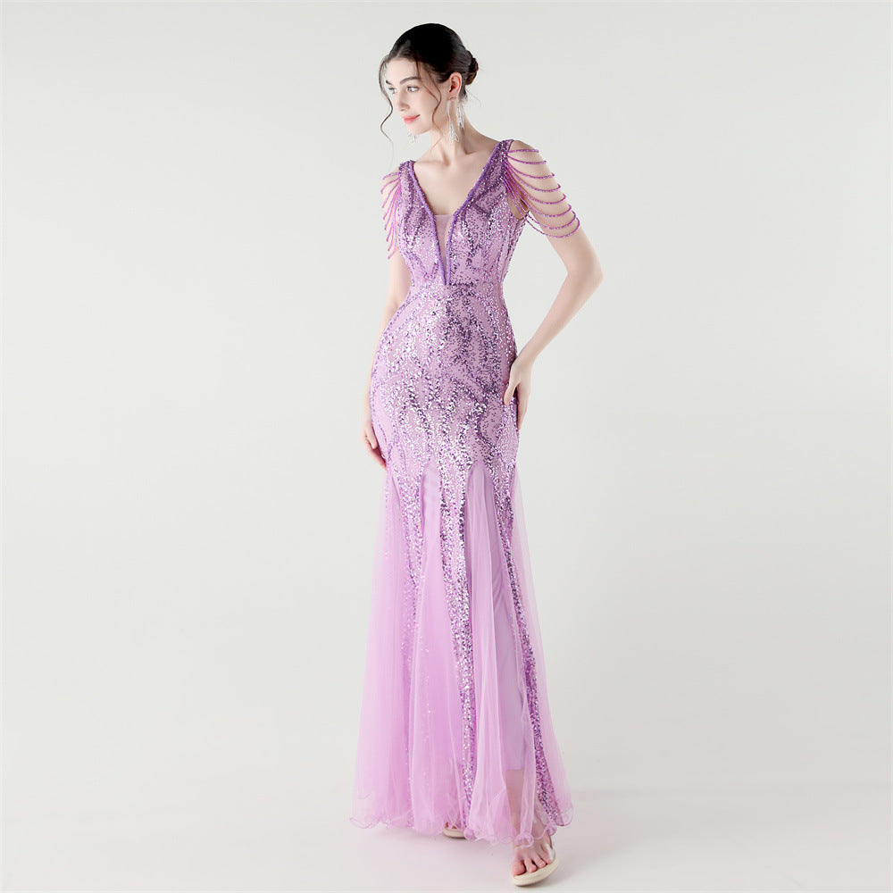 V-Neck Off-Shoulder Mesh Swing Luxury Slim Sequined Evening Dress 5