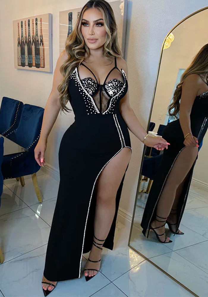 Women Solid Beaded Sleeveless Slit Maxi Dress