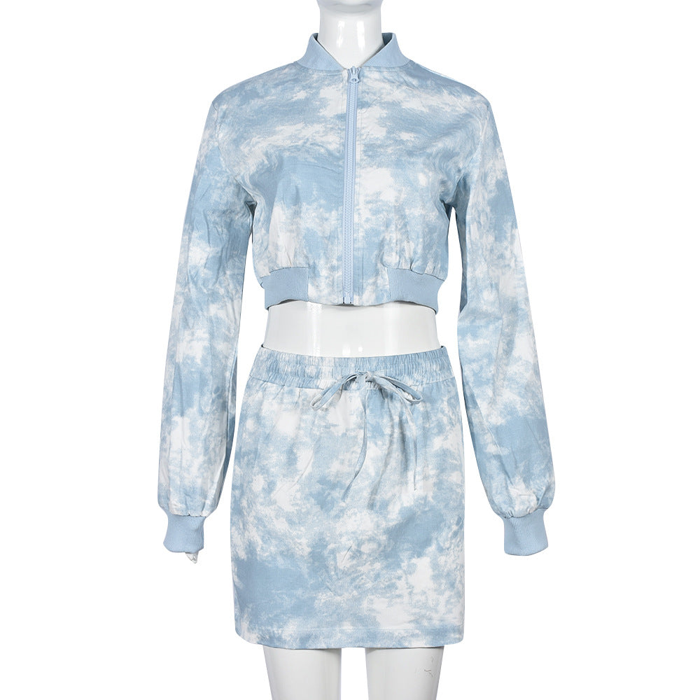 Women Tie Dye Long Sleeve Zip Top and Mini Skirt Two-Piece Set 15