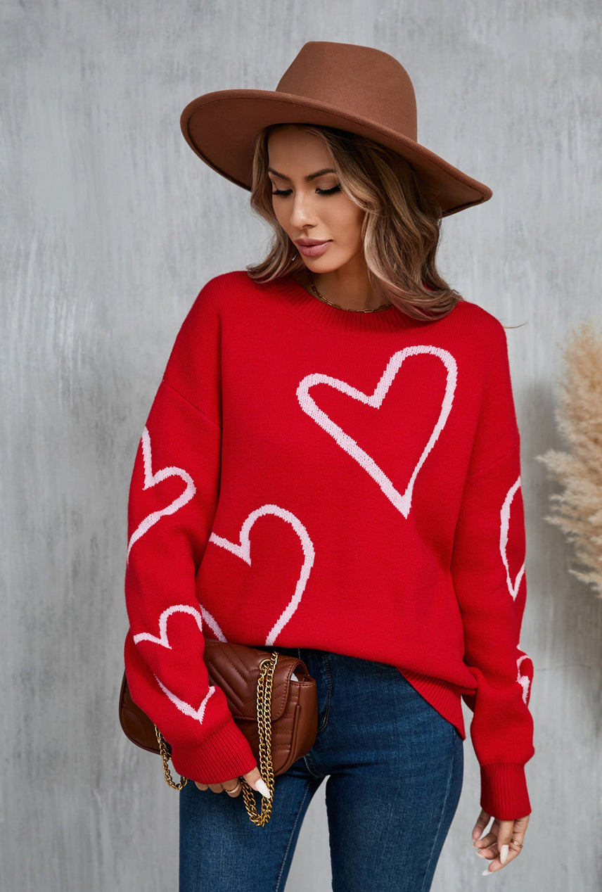 Winter sweater Heart Print Valentine's Day pullover contrast color sweater 14