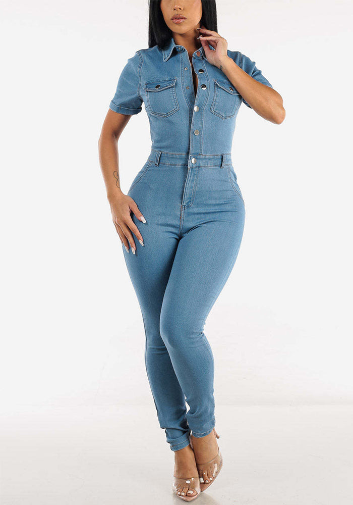 Women Short Sleeve Button Denim Jumpsuit