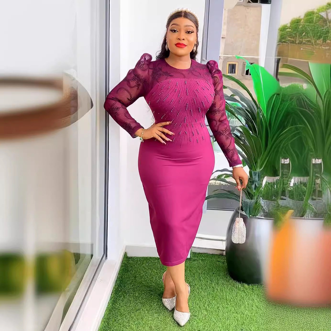 Women's Fashion Career Chic Africa Plus Size Organza Patchwork Bead Bodycon Dress 7