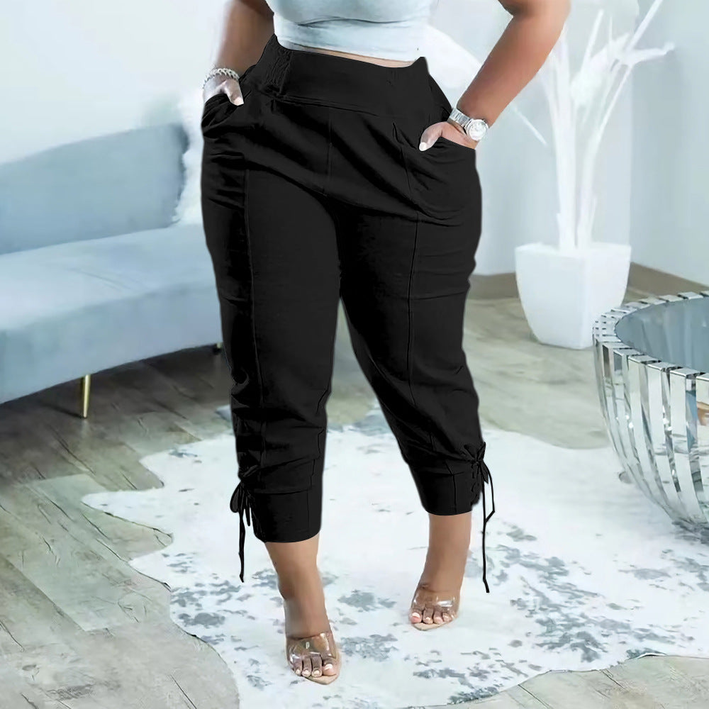 Women Summer Casual Solid Drawstring Lace-Up Stretch Trousers 4