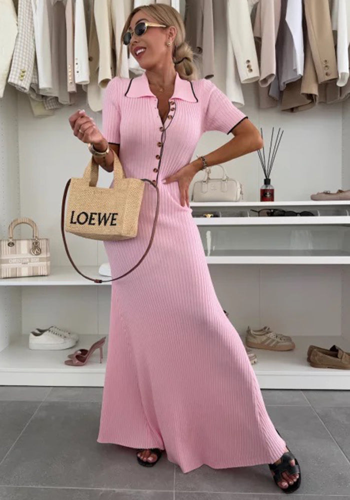 Women Turndown Collar Patchwork Contrast Bodycon Short Sleeve Knitting Dress