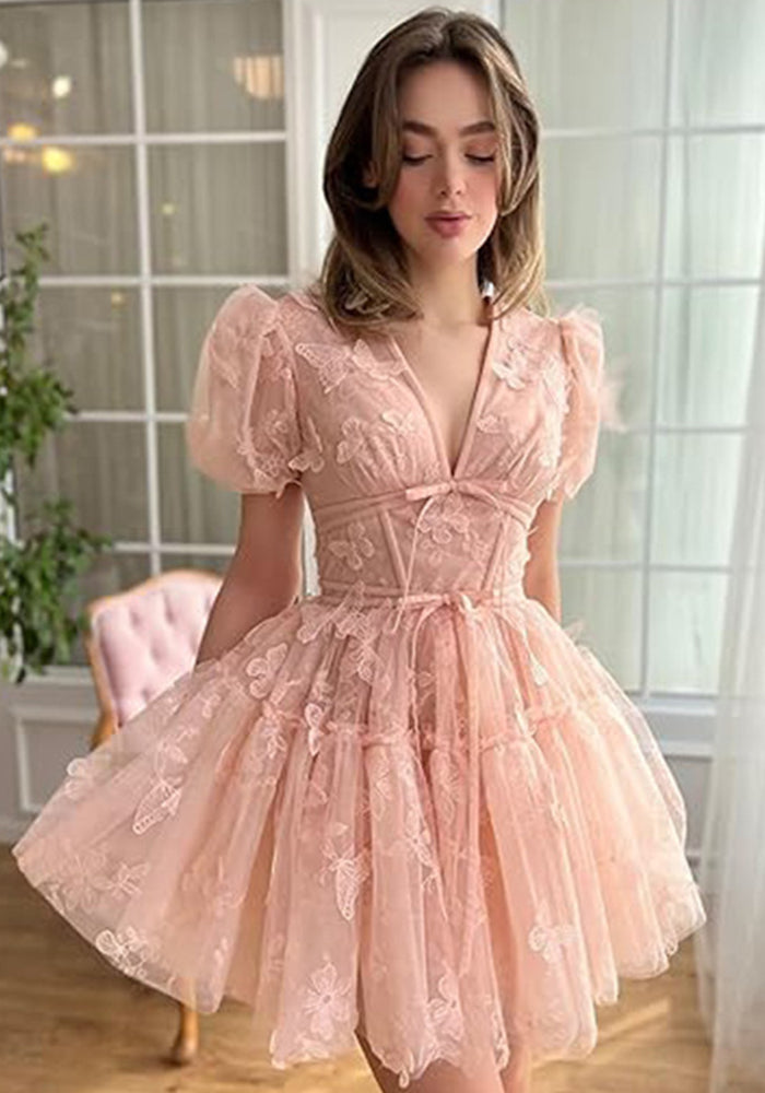 Women bridesmaid dress with flower V-neck short-sleeved dress