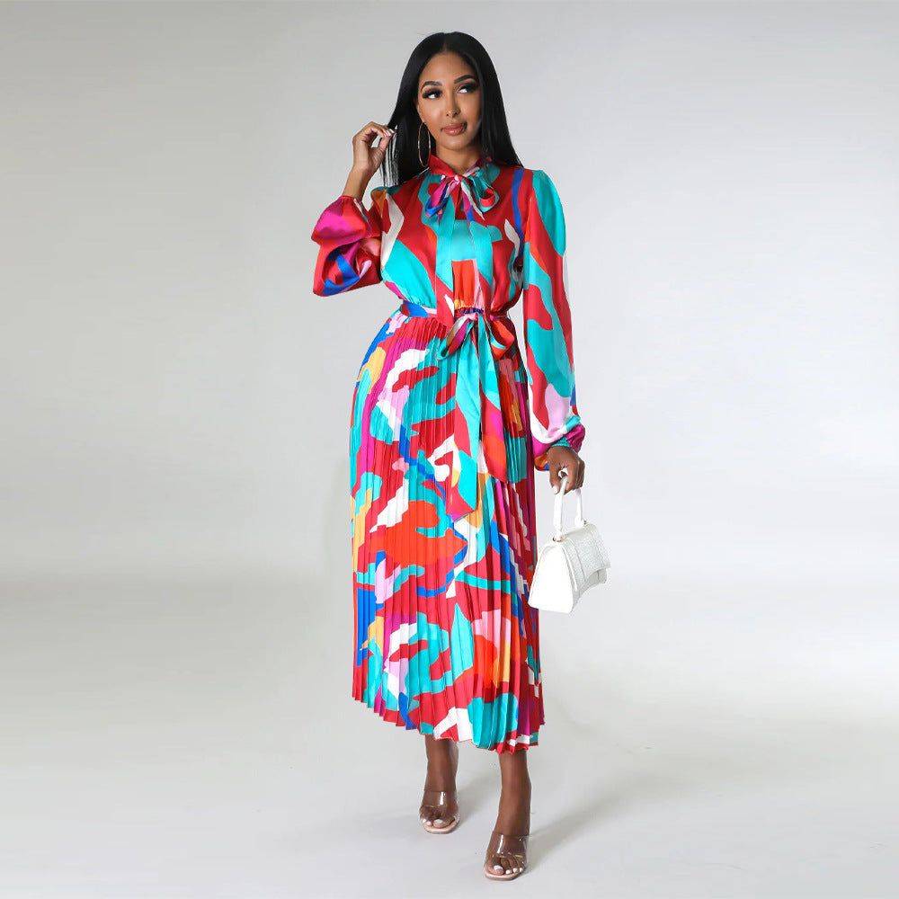 Women's Tie Long Sleeve Printed Pleated Dress 39
