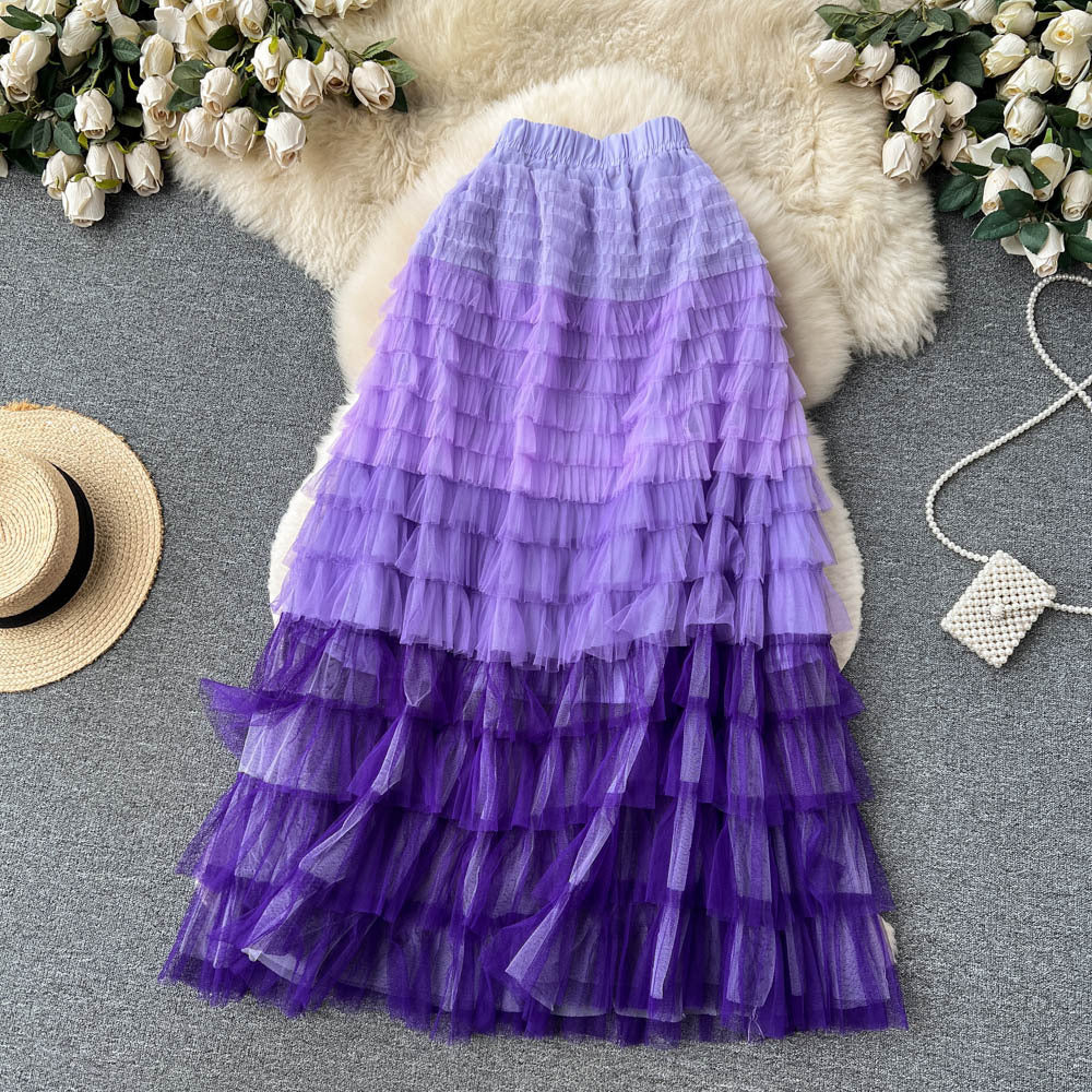 Women  Irregular Gradient Cascading Ruffles Puffy Mesh Skirt 43