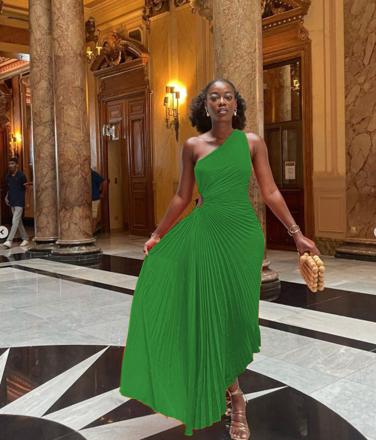 Elegant Slim Fit One Shoulder Cutout Pleated Gown Dress 15