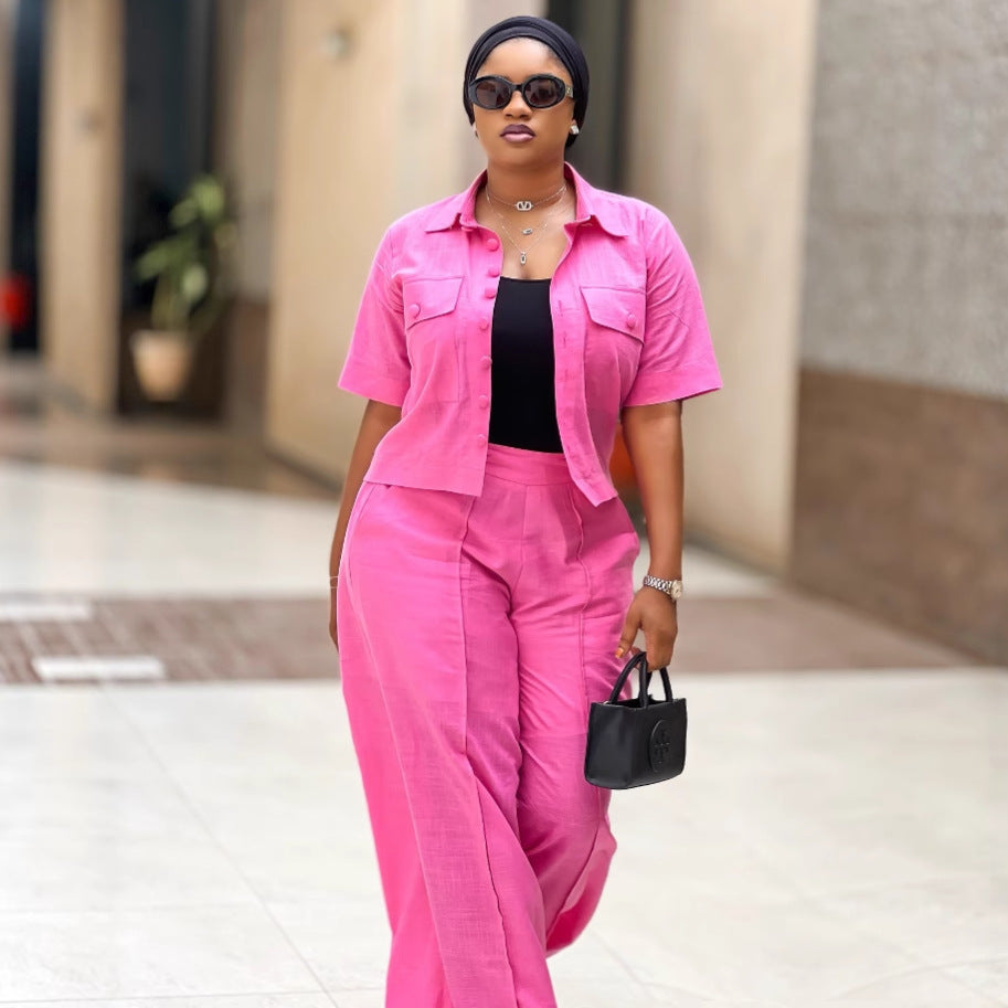 African Women career solid short-sleeved shirt with wide-leg pants two-piece set