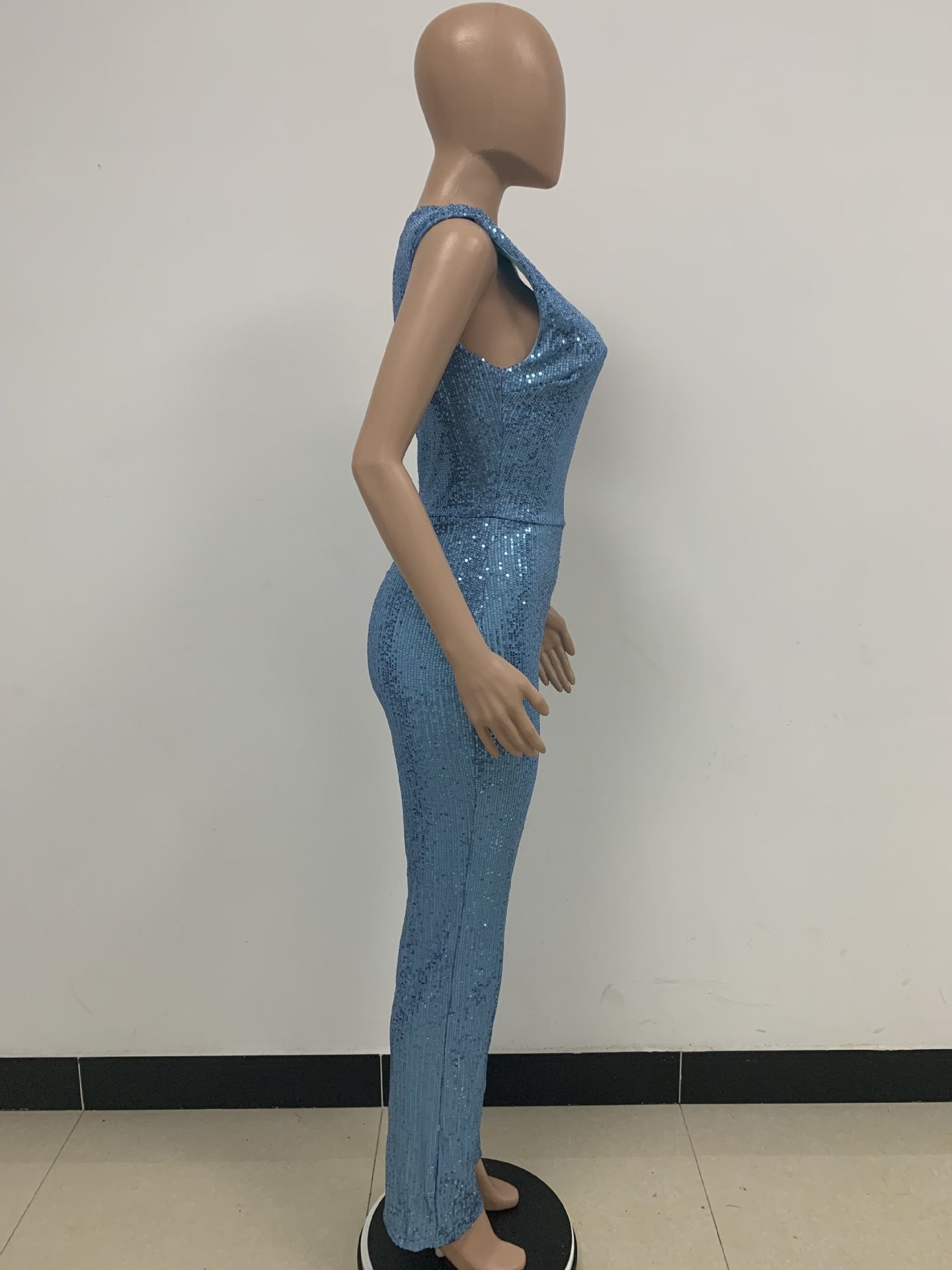 Women's Sleeveless One Shoulder Low Back Sequined Jumpsuit 63