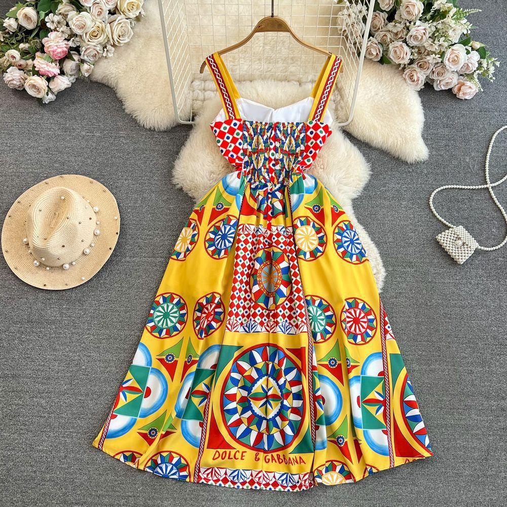 Women Vintage Baroque Strapless Beach Holidays Print Dress 17