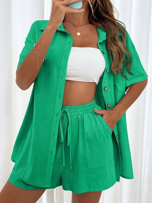 Women Solid Short Sleeve Shirt and Shorts Two-Piece Set 9