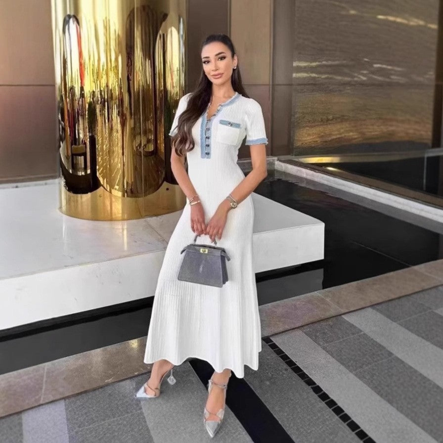 Denim Patchwork Round Neck Metal Button Slim Women's Knit Dress 4