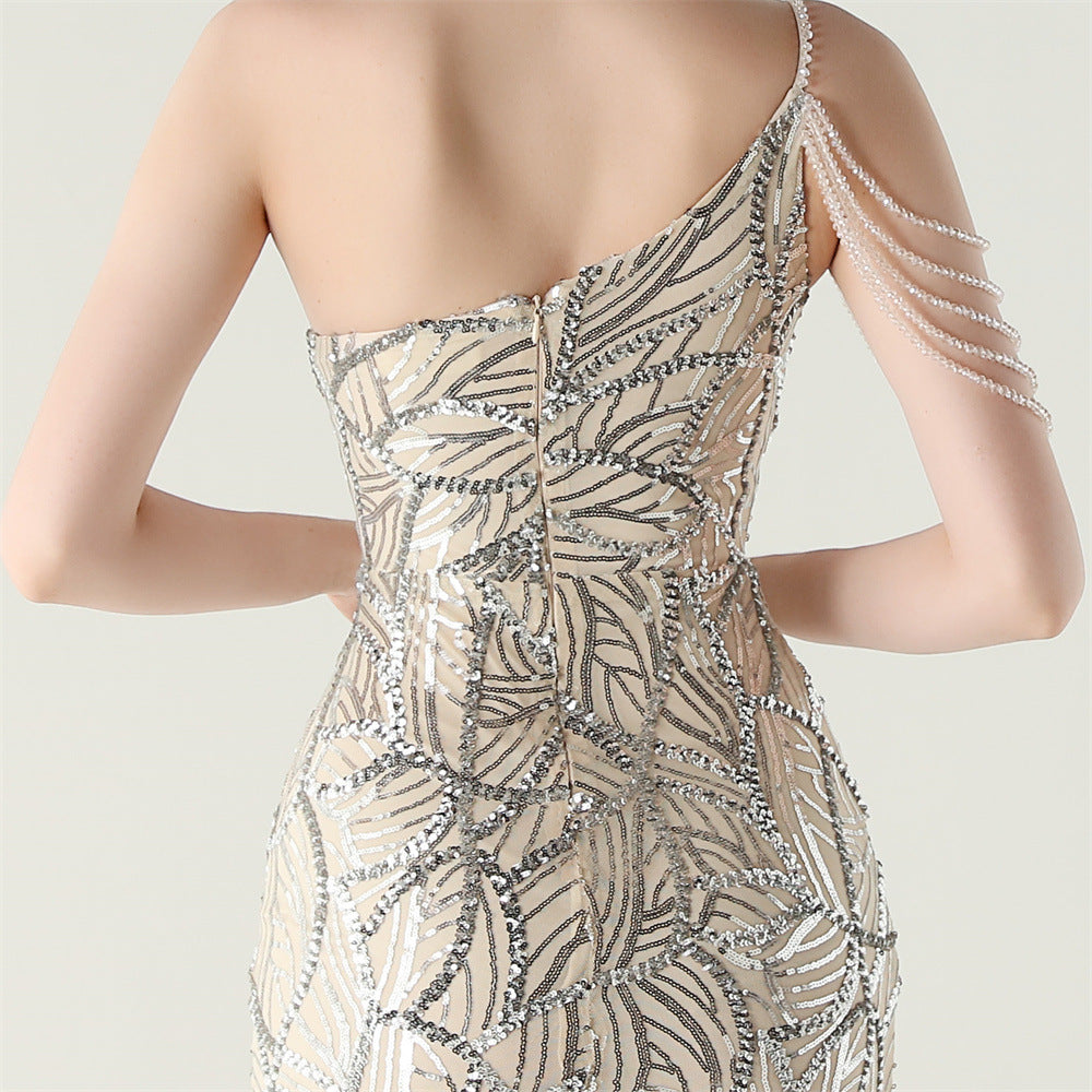 Women One Shoulder Beaded Sequin Embroidery Formal Party Prom Wedding Evening Dress 75