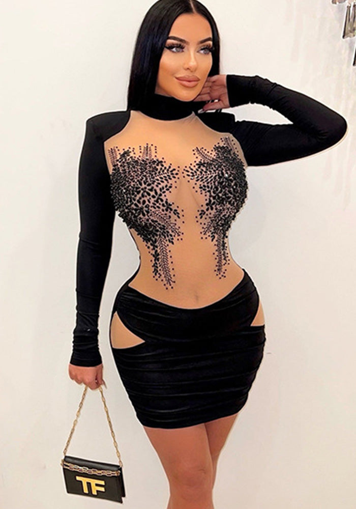 Women Sexy Beaded Color Block Long Sleeve Dress