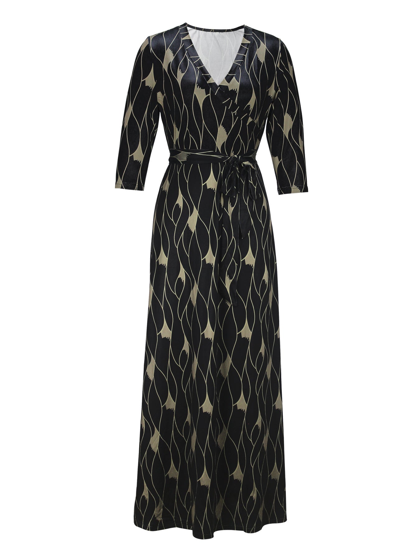 Spring & Autumn Women's Fashion Elegant Wrap V-Neck Half-Sleeve Print Belt Maxi Dress 56