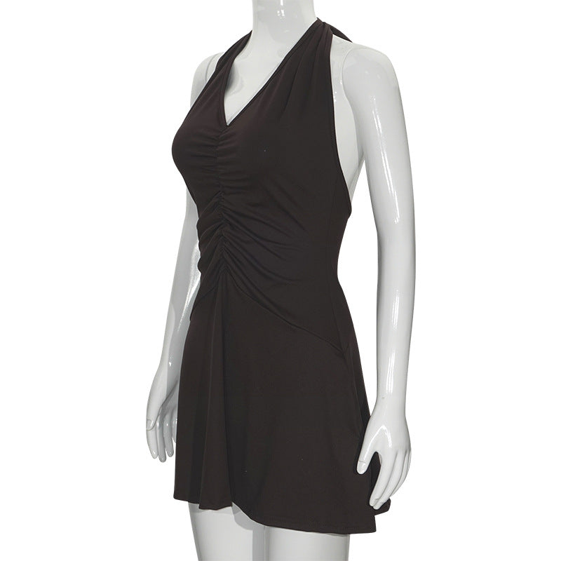 Summer Solid Color Sleeveless V-Neck Halter Neck Lace Short Slim Dress 6