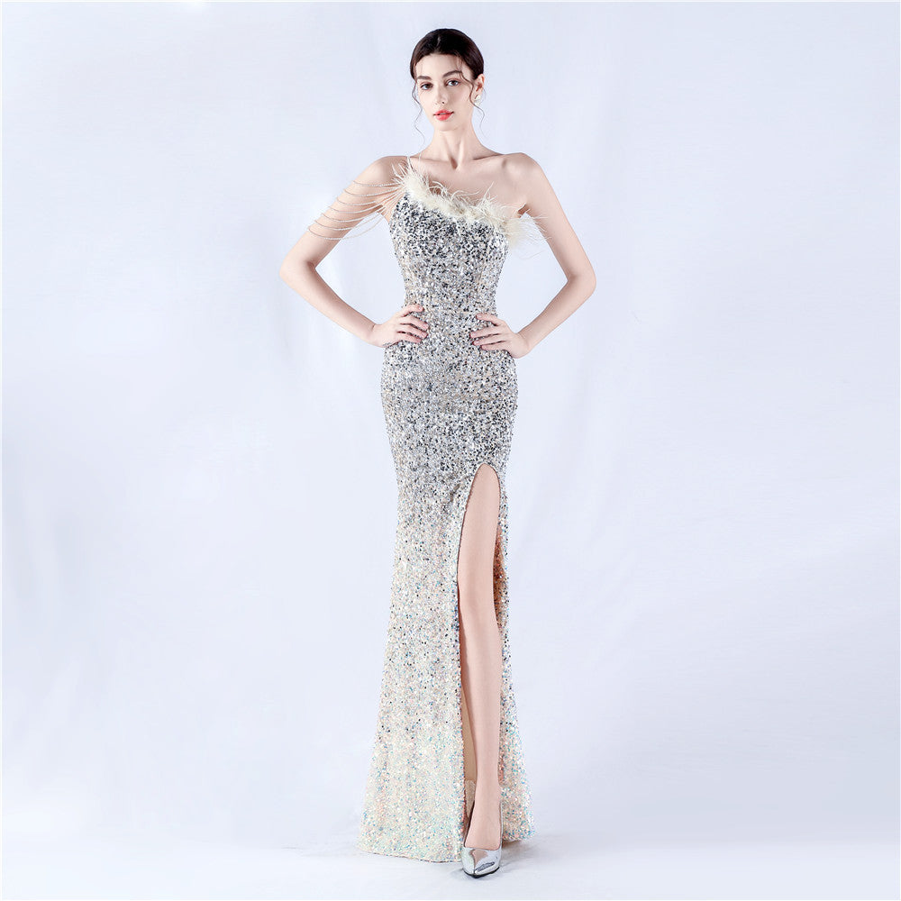 Women Ostrich Feather Beaded Sequin One Shoulder Slash Shoulder Slit Evening Dress 7
