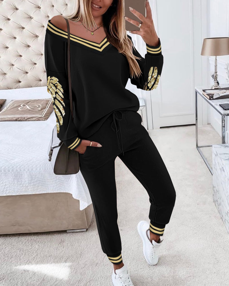 Autumn Winter Women V-Neck Long Sleeve Top Pocket Pants Casual Two-Piece Set