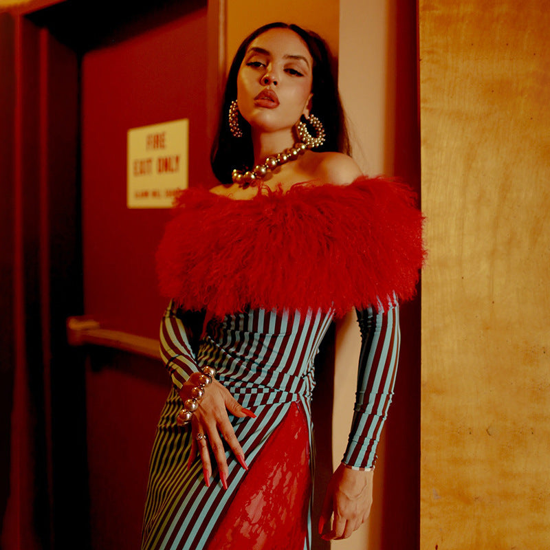 Autumn Winter Fashion Off Shoulder Trend Fur Patchwork Striped High Waist Slim Dress