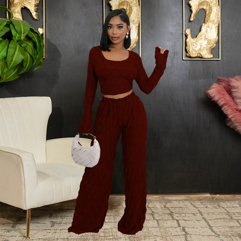 Off Shoulder Long Sleeve Short Top Fashion Slim Trousers  Women Two-Piece Set 6