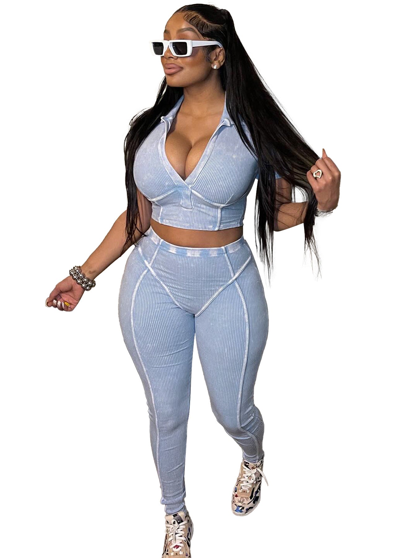 Women Washed and distressed Turndown Collar V Neck two-piece set 6